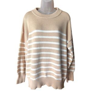 Neutral Beige/White Stripe Crew Neck Pullover Sweater Sz L Classic Minimalist